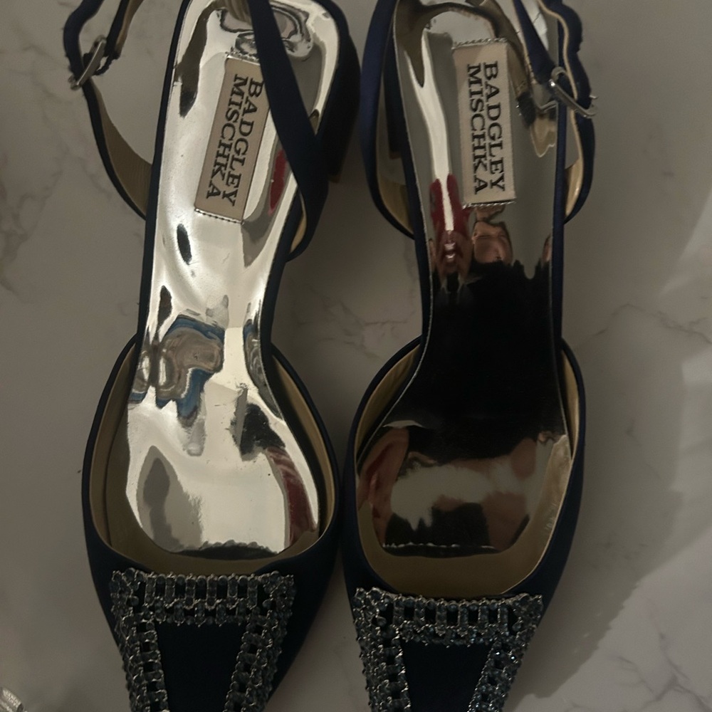 Badgley Mischka Navy Embellished Slingback Heels - Picture 2 of 11